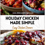 Close-up of cranberry orange chicken topped with cranberry orange sauce served on a rustic holiday table.